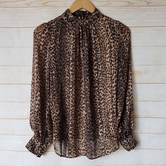 H&M Animal Print High Neck Semi Sheer Long Sleeve Lightweight Blouse Top Size 6 - Picture 6 of 11